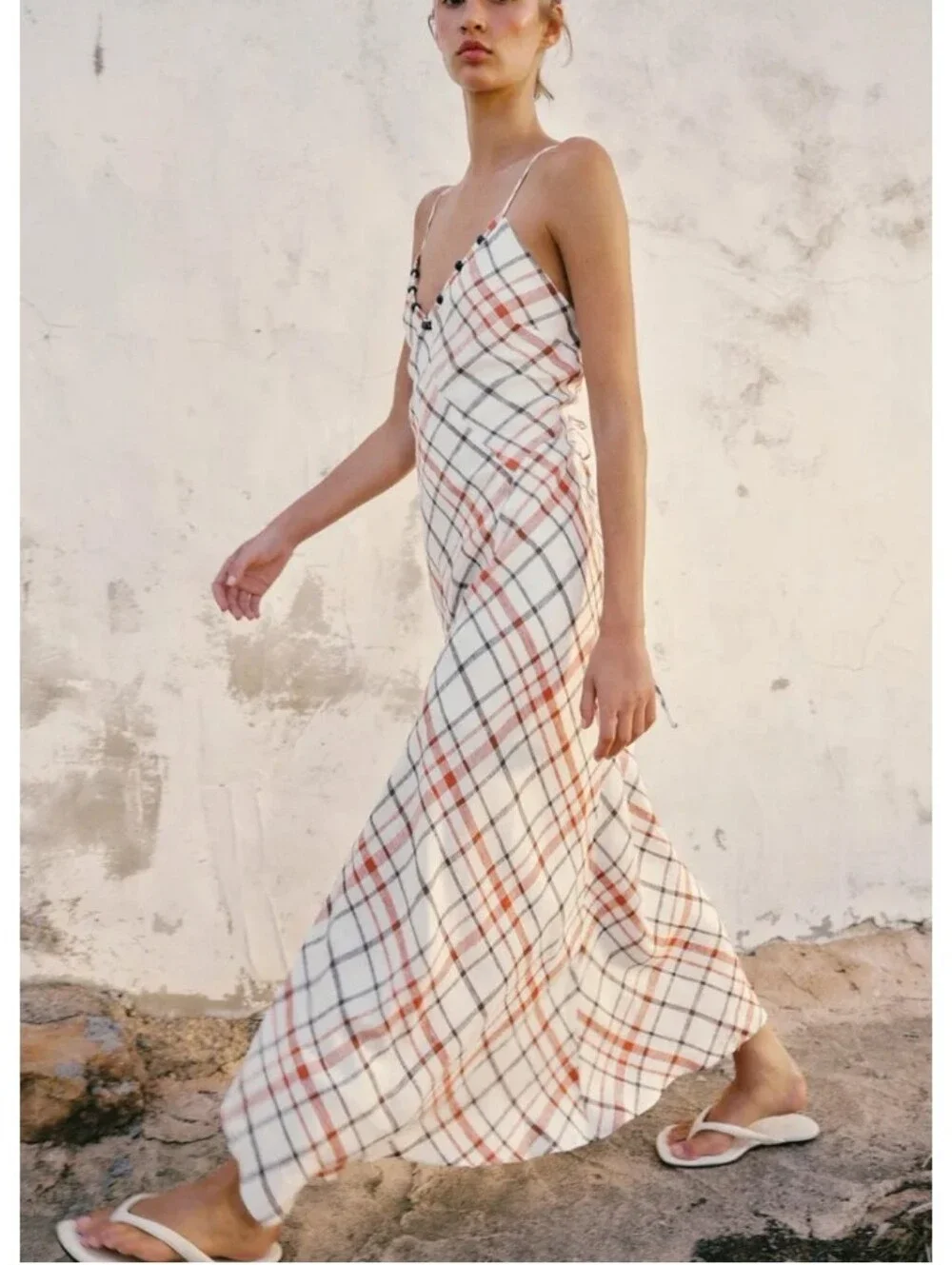 Zara 100% Linen Plaid Slip Strappy Casual Coastal  Maxi Dress with Beaded V-Neck